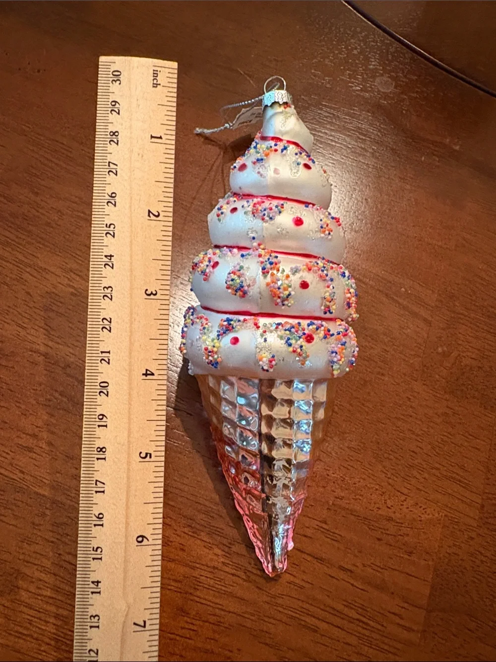 Holiday Ice Cream Cone Ornament - White and Pink Festive Tree Decoration